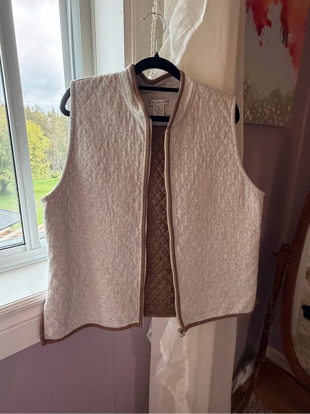 Quilted Sleeveless Vest - Cream with Brown Trim